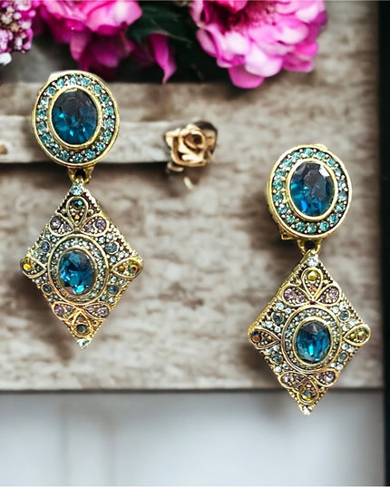 Retired Heidi Daus London blue topaz crystal amethyst crystal antiqued earrings