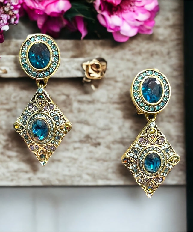 Retired Heidi Daus London blue topaz crystal amethyst crystal antiqued earrings