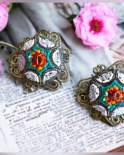 Antique Micro Mosaic Italy Italian Glass flower screw back earrings brass