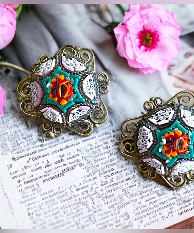 Antique Micro Mosaic Italy Italian Glass flower screw back earrings brass
