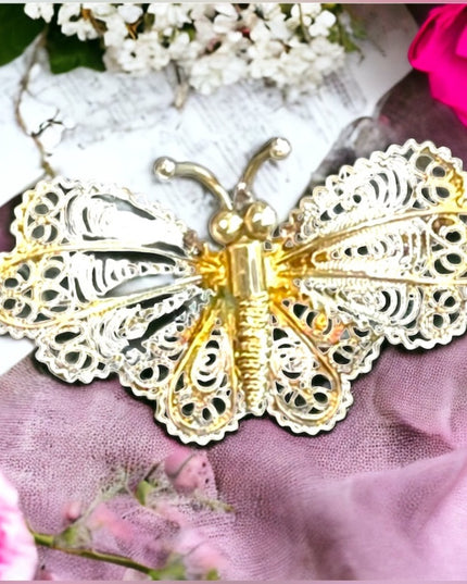 Antique GENOVA ITALIAN 800 SILVER FILIGREE BUTTERFLY BROOCH gold wash
