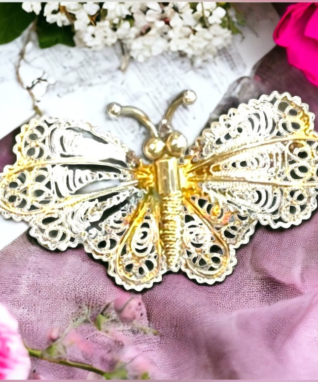Antique GENOVA ITALIAN 800 SILVER FILIGREE BUTTERFLY BROOCH gold wash