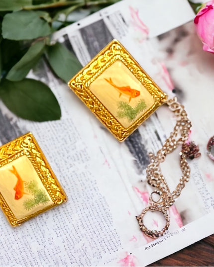 Antique Chinese Export filagree gold wash SILVER KOI fish lucky earrings
