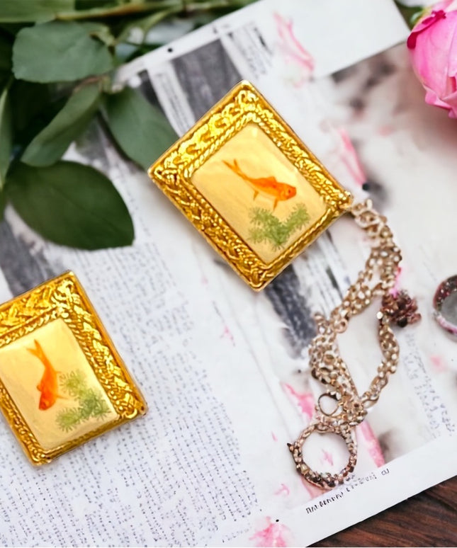 Antique Chinese Export filagree gold wash SILVER KOI fish lucky earrings