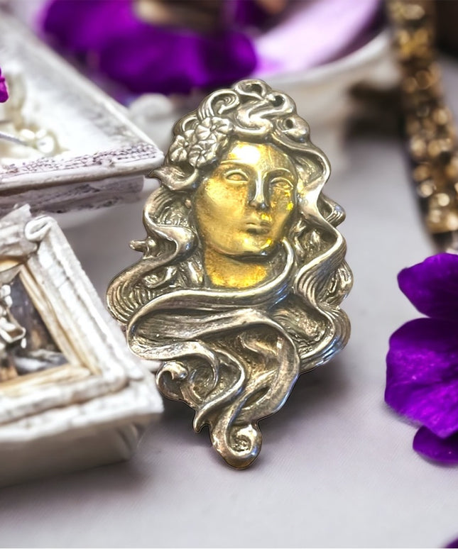 Antique Sterling Silver 925 : gold Handmade Art Nouveau Lady pendant brooch