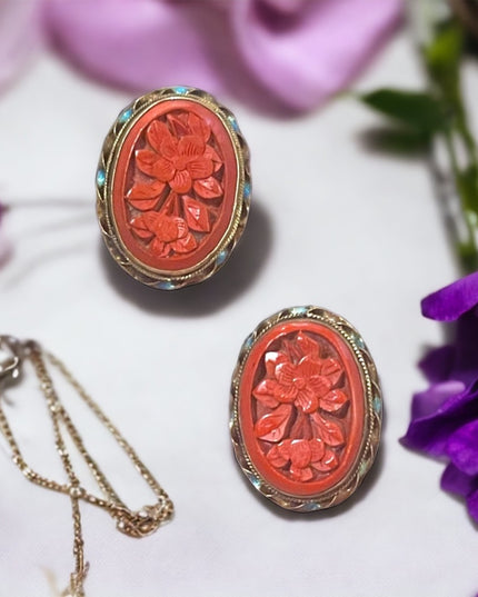 Antique Sterling silver gold wash enameled cinnabar Chinese Export Earrings