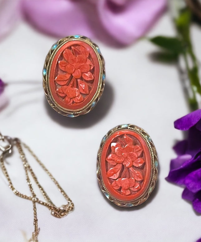 Antique Sterling silver gold wash enameled cinnabar Chinese Export Earrings