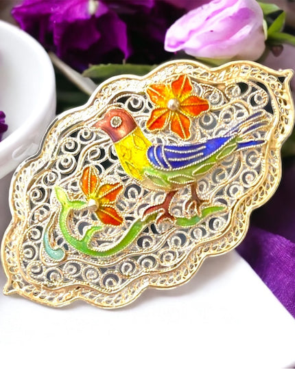 Antique Silver Chinese export filagree cloissone Bird brooch enameled RARE