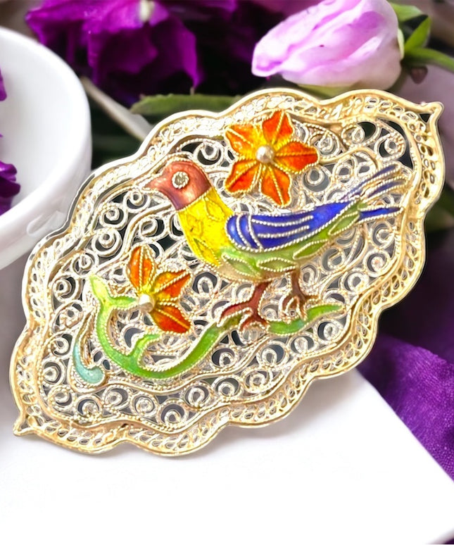 Antique Silver Chinese export filagree cloissone Bird brooch enameled RARE