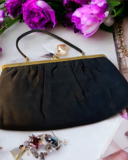 Vintage c1940s Black satin clutch wristlet
