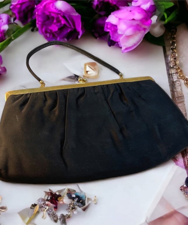 Vintage c1940s Black satin clutch wristlet