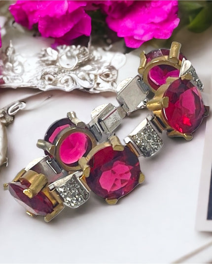 Vintage chunky brass ruby rhinestone crystal bracelet 1940s