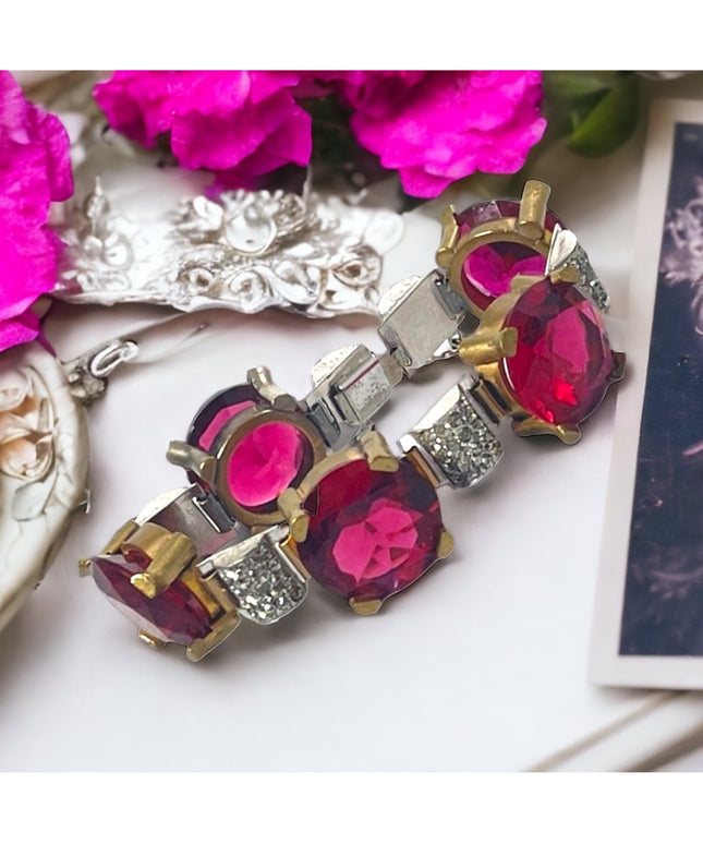Vintage chunky brass ruby rhinestone crystal bracelet 1940s