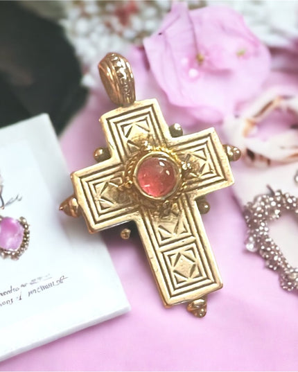Vintage Gerochristo Sterling silver 18k gold Byzantine Cross ruby stone etched
