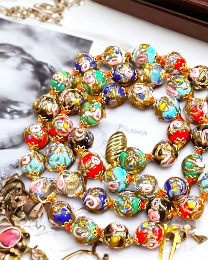 Vintage 11mm Gold Dust Roses Beads Hand Made Murano Wedding Cake Glass Necklace