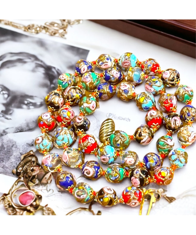 Vintage 11mm Gold Dust Roses Beads Hand Made Murano Wedding Cake Glass Necklace