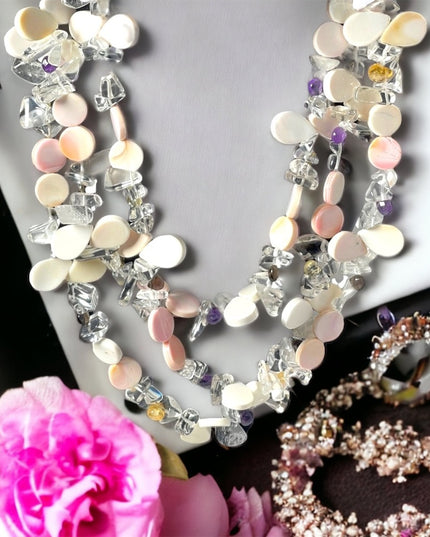 Lovely Coral Quarts Amethyst citrine topaz stone 3 strand necklace sterling