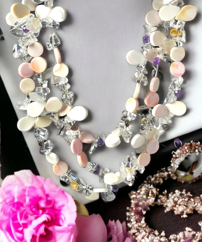 Lovely Coral Quarts Amethyst citrine topaz stone 3 strand necklace sterling