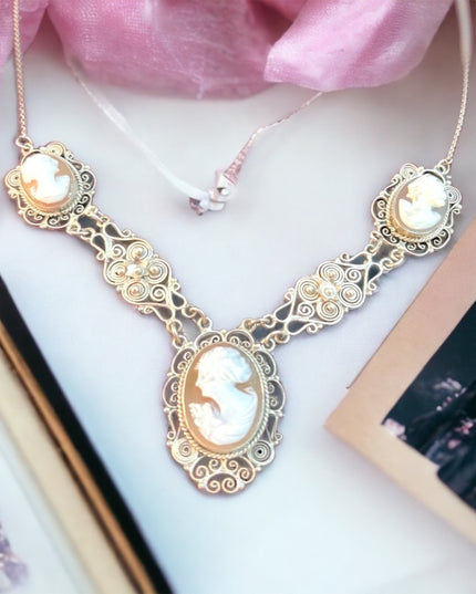 Victorian 800 Silver filagree shell Cameo Necklace