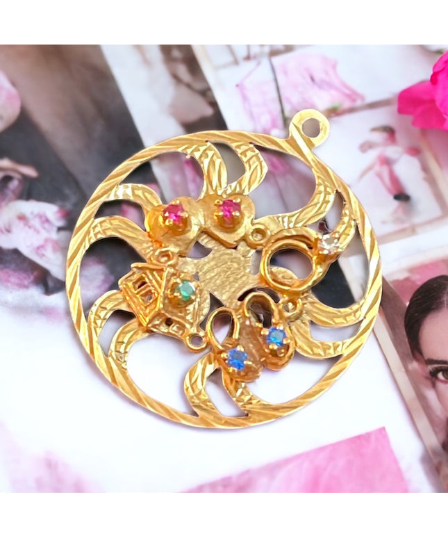 10k Gold Multi Gemsone Medalion pendant