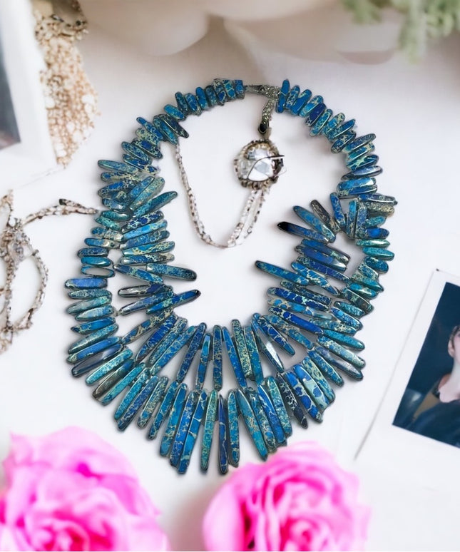 Blue Azurite Malachite Fancy cleopatra beaded bib chunky necklace  2 strand