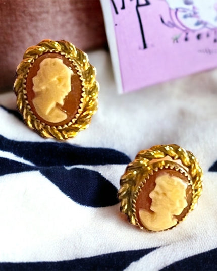Vintage 1960s Gold filled GF Shell Cameo earrings
