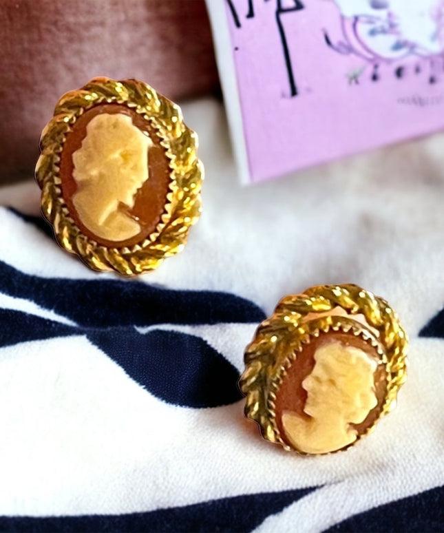 Vintage 1960s Gold filled GF Shell Cameo earrings