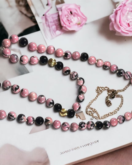 Vintage 14k Gold Bead Rhodonite & Black Onyx necklace