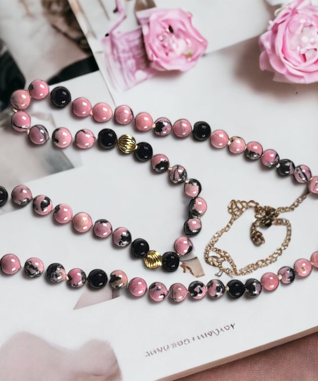 Vintage 14k Gold Bead Rhodonite & Black Onyx necklace