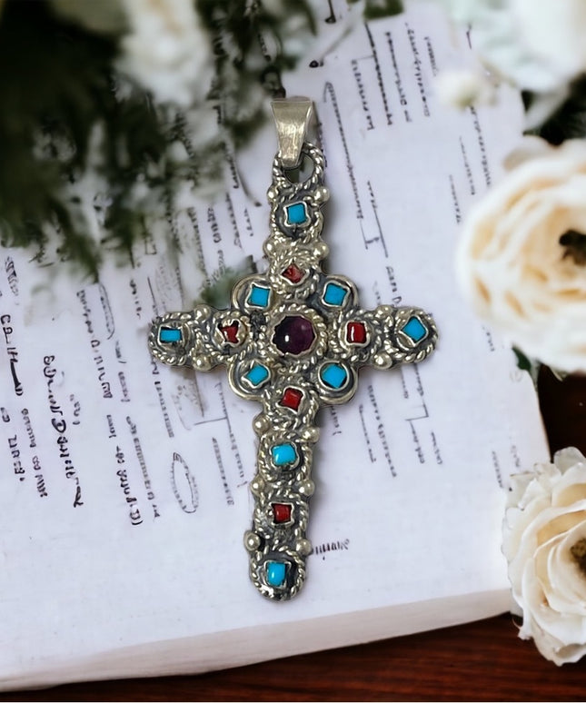 Vintage Sterling silver 925 Coral turquois amethyst cross pendant Southwestern