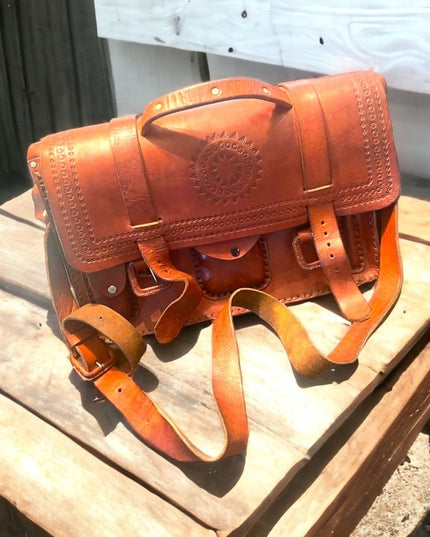 Vintage 1980s Southwestern Hammered Leather Bag briefcase crossbody book bag