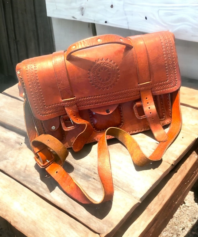 Vintage 1980s Southwestern Hammered Leather Bag briefcase crossbody book bag