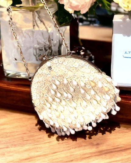 Vintage plastic bead & sequin white purse bag gold chain strap