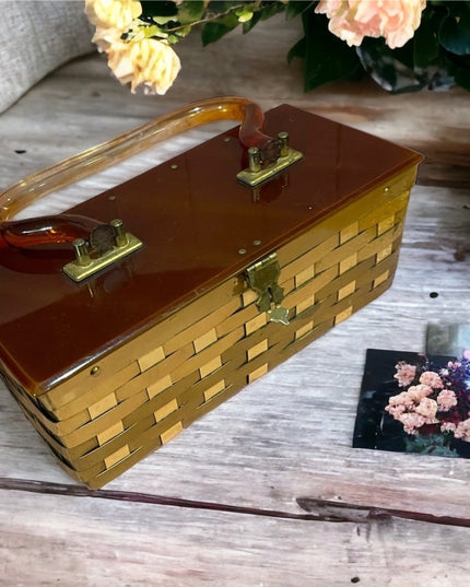 Vintage 1950s Dorset Rex Fifth Ave Metal mesh gold finish acrylic box purse