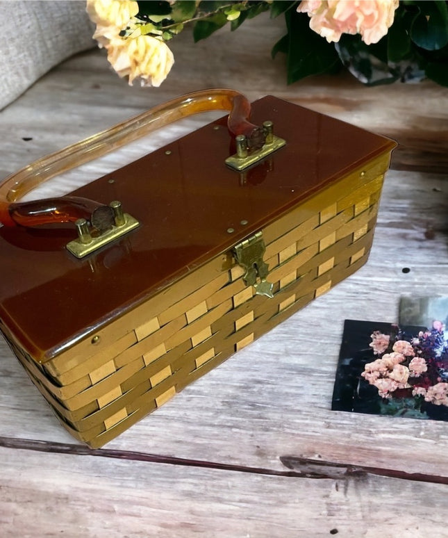 Vintage 1950s Dorset Rex Fifth Ave Metal mesh gold finish acrylic box purse
