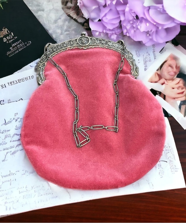 Victorian Antique Pink velvet Medusa Silver kiss lock wristlet