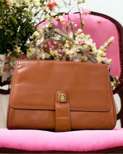 Vintage Tan Leather 1960s Clutch purse shoulder bag gold chain strap trim