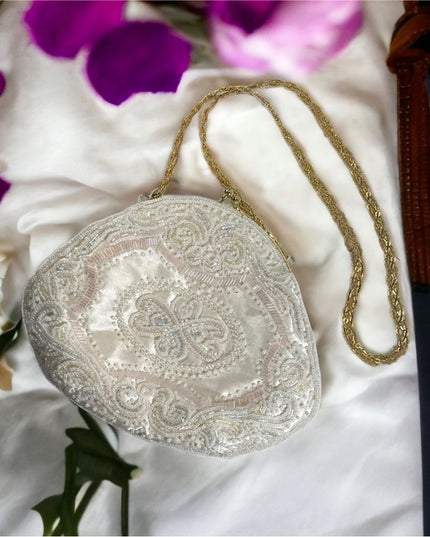 Lovely vintage white pastel pink & white micro bead purse gold shoulder strap