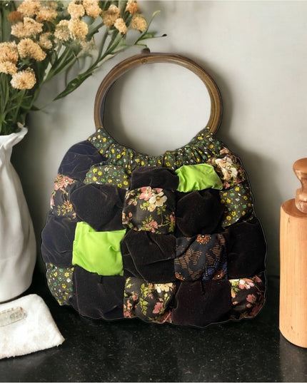 Vintage groovy 1970s Quilted purse bag velvet floral Handmade earth