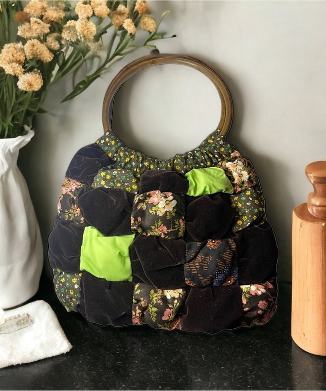 Vintage groovy 1970s Quilted purse bag velvet floral Handmade earth