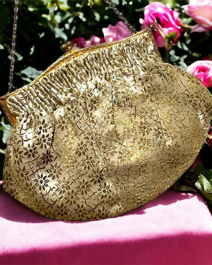 Antique Gold cream flower print gold ornate purse France