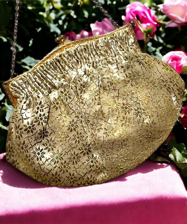 Antique Gold cream flower print gold ornate purse France