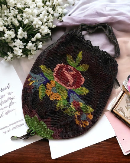 1880s Lg spectacular Victorian Micro Beaded Reticule Bag/roses floral Purse blk