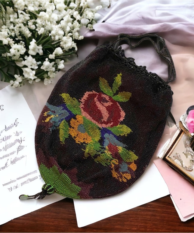 1880s Lg spectacular Victorian Micro Beaded Reticule Bag/roses floral Purse blk