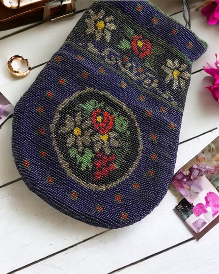 1880s Lg spectacular Victorian blue Micro Beaded Reticule Bag  floral purse