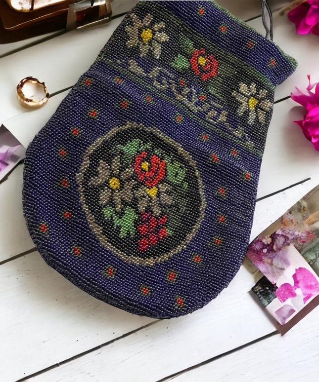 1880s Lg spectacular Victorian blue Micro Beaded Reticule Bag  floral purse