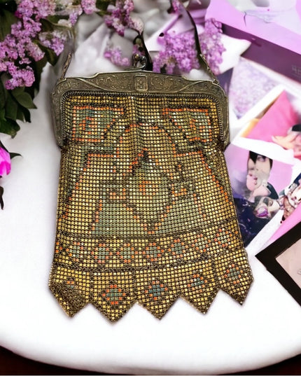 Antique 1900 Early ornate metal mesh geometric hand painted purse Art Deco