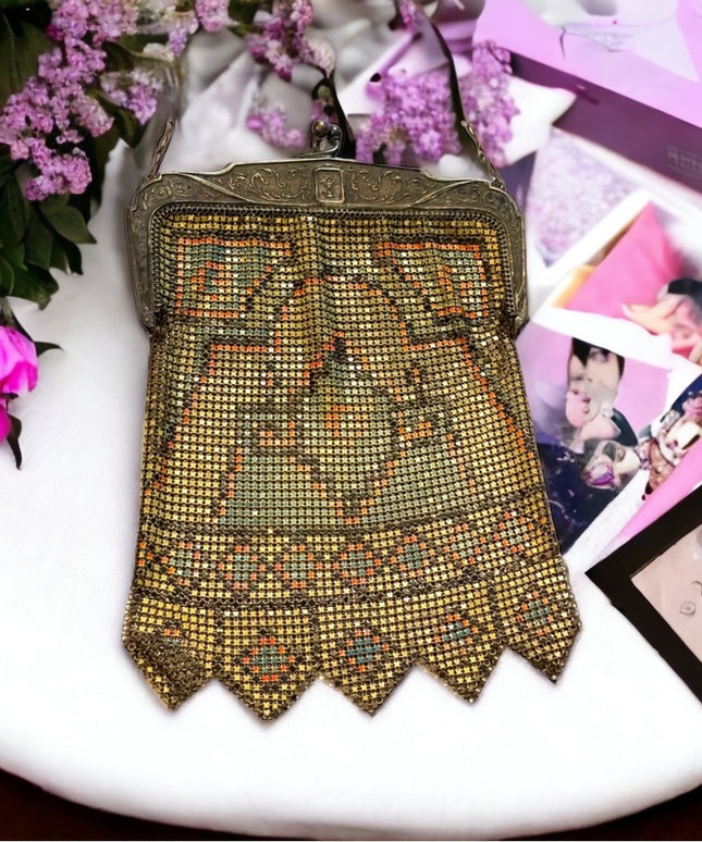 Antique 1900 Early ornate metal mesh geometric hand painted purse Art Deco