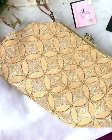 Vintage 1960s gold geometric fancy print sateen gold metalic clutch