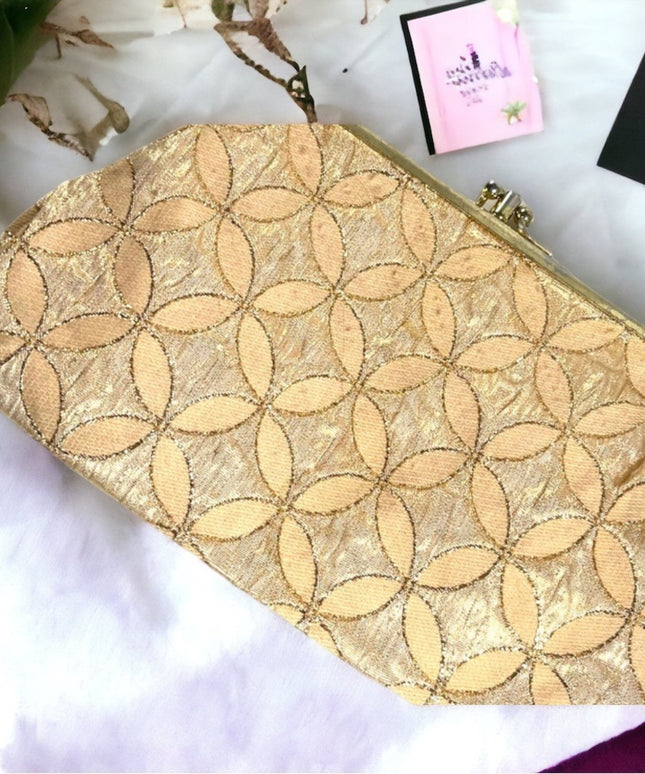 Vintage 1960s gold geometric fancy print sateen gold metalic clutch